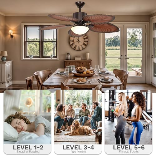DWVO 52 Inch Palm leaf Ceiling Fan with Lights, Tropical Ceiling Fans with Remote, 3CCT Dimmable, Reversible Quiet DC Motor for Bedroom, Living Room, Dining Room
