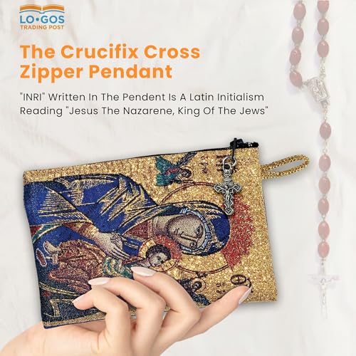 Image of Catholic Rosary Pouch, 4 inch x 6 inch Jewelry & Coin Purse with Cross, Small Woven Tapestry Icon Bag, Bolsa de Rosario Catolico para Joyeria, Mary Queen of Heaven & God is Love, 4 inch x 6 inch