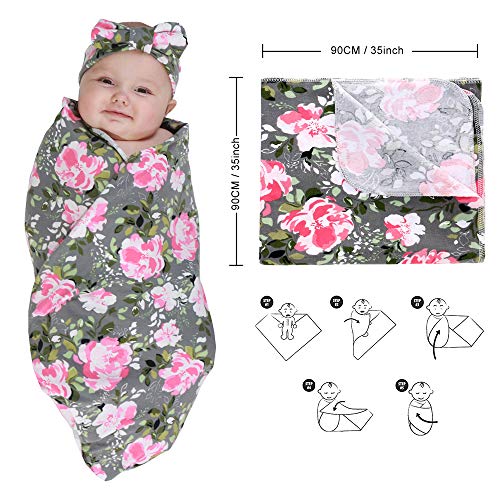Image of 4 Pack Maternity Robe and Matching Baby Swaddle Blanket with Hat Headband Set, Stretchy Knitted Delivery Nursing Dress with Pockets and Receiving Blanket for Mummy and Baby (Grey Flower)