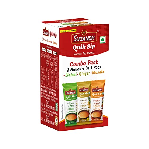 Image of Sugandh Quik Sip Instant Tea Premix Sachets | 3 in 1 Chai Mix with Masala, Elaichi & Ginger Flavours | Ready to Sip Instant Premix Powder | 14gm X 12 Sachets | Quick & Easy Chai Anywhere| Pack of 2