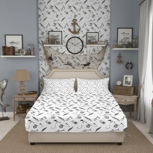 Hunt Fishing Fitted Sheet Queen (No Flat Sheet ) Sketch Black White Fishhooks Print Bedding Set Kids Boys Men Adult Bedroom Decor,Hunting Fish Bed Sheets Modern Soft Deep Pocket Sheet,2 Pillowcases