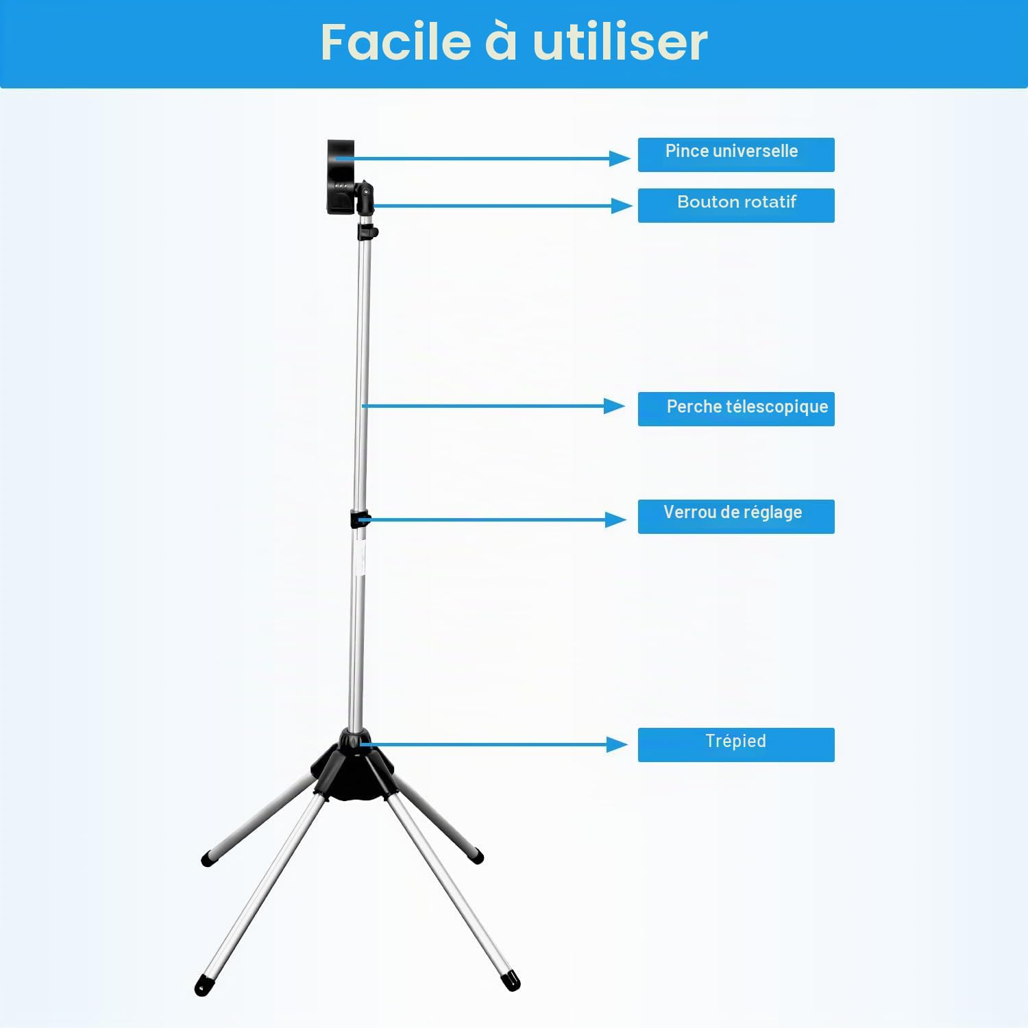 Support de sèche-cheveux mains libres avec rotation à 360 degrés, support de sèche-cheveux réglable avec trépied et clip universel, support rotatif à 360 degrés pour salle de bain, coiffeuse, salle de