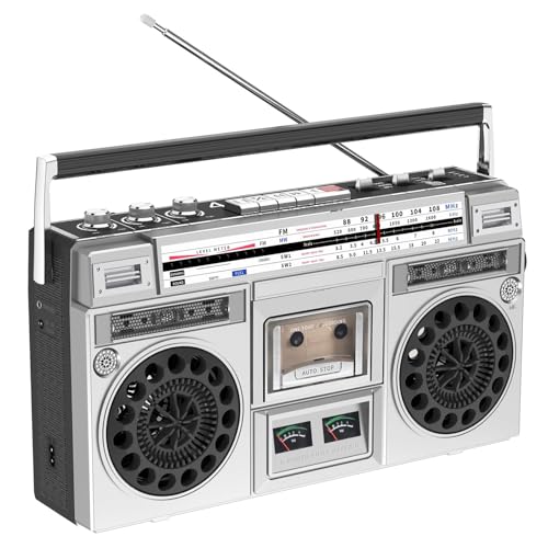 Retro Stereo System with AM/FM Radio, CD Player & Cassette Recorder, USB/SD Input, Built-in Speakers, 3.5mm Headphone Jack - 80s Style for Home, Family & Travel