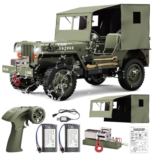 Yiwsnust RC Jeep 1/10 Scale Willys Hobby RC Car Off-Road Military Crawler, 2.4Ghz Military Truck 4WD RC Crawler with Light, Tarpaulin, Metal Shaft,...