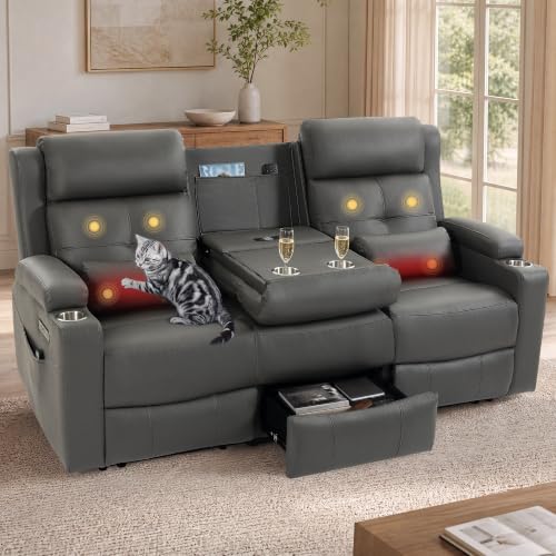 PYOIER Cat-Proof Power Reclining Sofa with Massage & Heat, 3-Seater Couch | Wall Hugger Recliner Couch with Fold Down Table, Pet Friendly Recliner with AC & USB& Type-C, Storage Drawer for Living Room