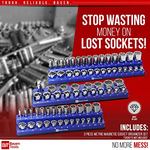 Bauen Tools Magnetic Socket Organizer Set -3 Piece Metric Magnetic Socket Holder Set Blue - 1/2-Inch, 3/8-Inch & 1/4-Inch Drive, Holds 75 Sockets, Professional Grade Socket Tray Organizer. #TOP1