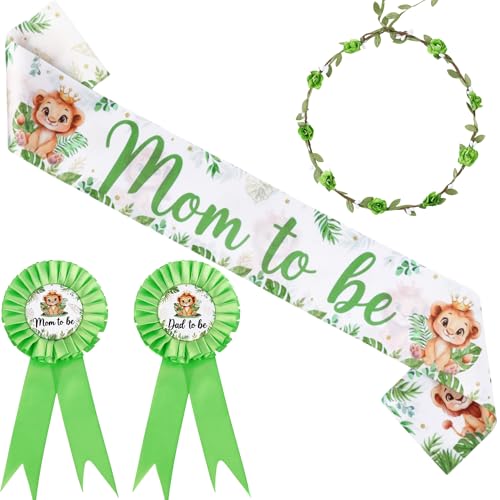 kreat4joy Lion Baby Shower Decoration, Lion Mom To Be Sash Mom Dad To Be Badge Pin Flower Crown Green for Boy A Little King Is On The Way Wild Animal Baby Shower Gender Reveal Decoration