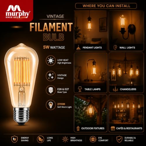Image of Murphy 5W Vintage LED Edison Filament Bulb E27 Base | 2700K Warm Warm White | ST64 Antique Decorative Hanging Lamp | Energy Saving | 40W Equivalent | 6 Month Warranty | Pack of 1