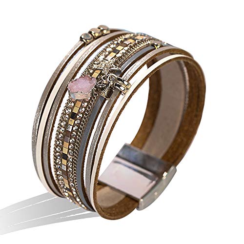 Multi-Layer Leather Wrap Bracelet - Movable Decor Boho Style Cuff Bangle Bracelet Inlaid Rhinestone with Magnetic Clasp Fashion Gift for Women, Girls (Grey)