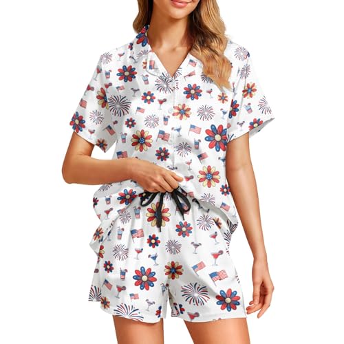 Image of Funny Pajamas for Women Set Print Satin Loungewear Pjs Short Sleeve Button Down Top and Shorts Sets Sleepwear XS-3XL
