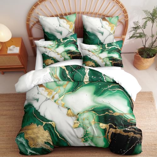 CCoutueChen Marble Duvet Cover Queen Size Emerald Green Marble Bedding Green White Gold Marbling Duvet Cover Set Soft Abstract Art Comforter Cover for Girls Boys(2 Pillowcases, No Comforter)