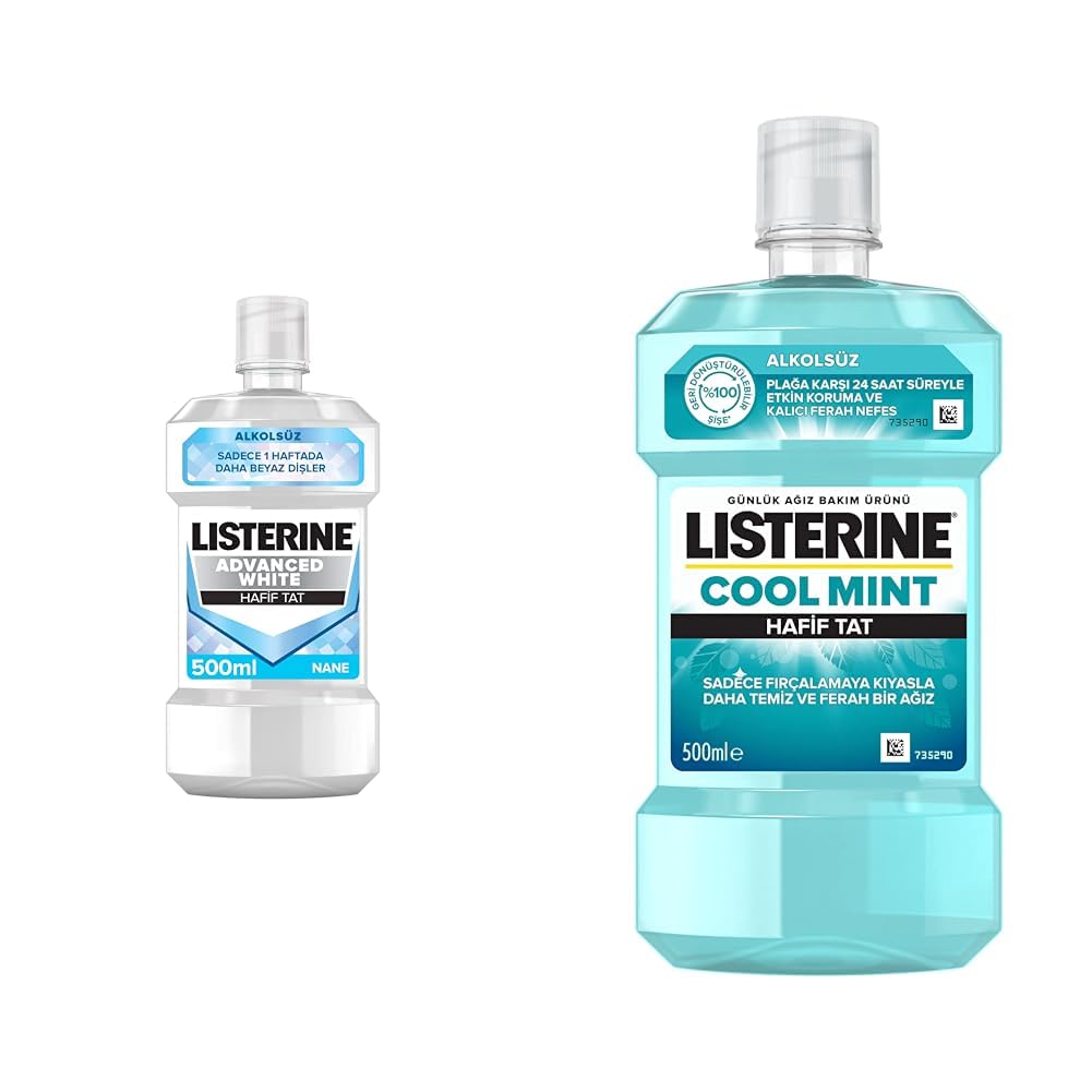 listerine advanced white hafif tat ağız bakım suyu 500 ml ve listerine breath freshening ağız bakım ürünü, cool mint, hafif tat, 500ml