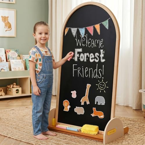 Tiny Land Kids Easel Large 22x40.5 Writing Area Double-Sided Magnetic Chalkboard & Whiteboard Wooden Arch Drawing Board with Stand Toddler Art Easel with Letters & Animal Magnets