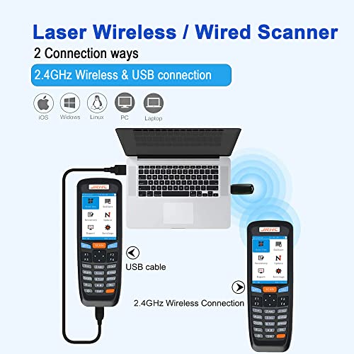 1D Wireless Bar Code Scanner, JRHC Laser Barcode Scanner Inventory Scanner Reader with Screen Data Collector Portable Reader Scan Gun Cordless for Store, Supermarket, Warehouse, Library, Medical