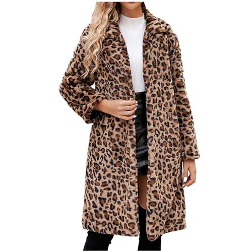 Leopard Coat for Women Faux Fur Winter Warm Stand Collar Long Sleeve Fuzzy Fleece Cardigan Coat Lightweight Outerwear
