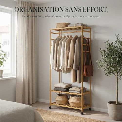 Armoire ouverte en bambou véritable avec penderie et roulettes - 4