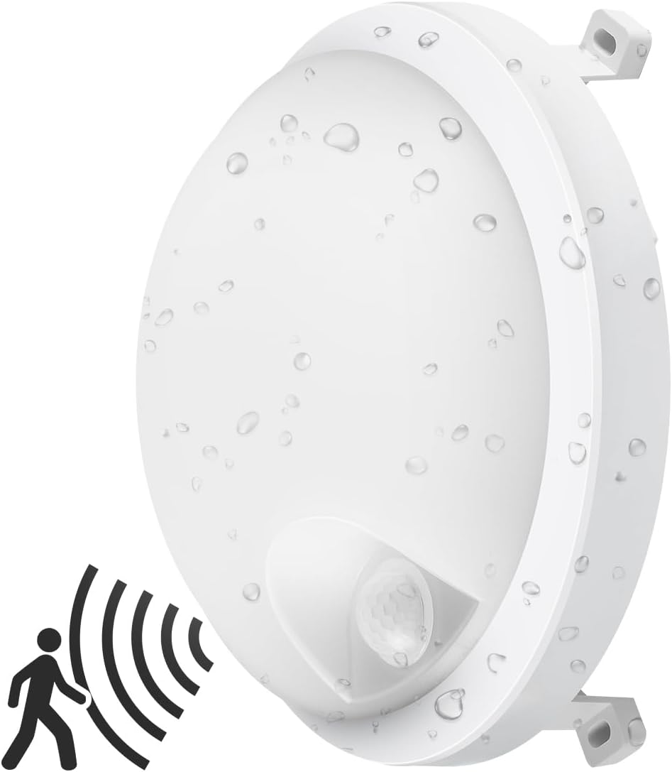ANWIO 12W Motion Sensor Outside Light, IP54 Waterproof Outdoor Bathroom Light, Flush Wall Mounted Sconce, 900LM, 4000K Natural White LED Ceiling Lamp With PIR (1 Pack)