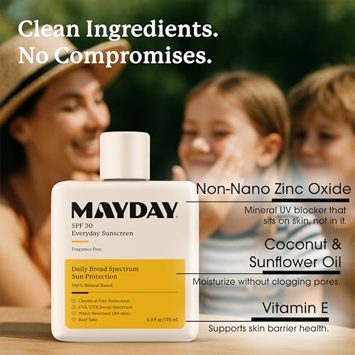 Image of MAYDAY SPF 30 Everyday Sunscreen, Chemical-Free, Fragrance-Free, 6oz | Chemical-Free, Fragrance-Free, Everyday Mineral Sunscreen, Water-Resistant, Sun Protection for Face & Body, All Skin Types