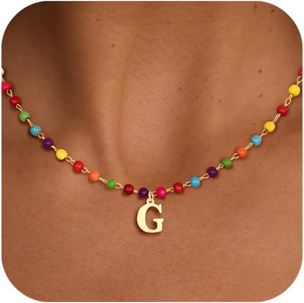 Me&Hz Initial Necklaces for Women Rainbow Beaded Initial Necklaces Boho Colorful Choker Necklace Cute Personalized Letter Necklace for Women Multicolor Beaded Choker Trendy Beach Jewelry Gifts