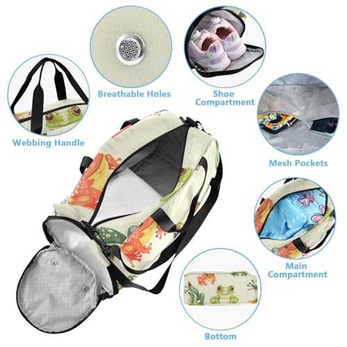 Duffle Bag Kids Gym Bag with Shoes Compartment & Wet Separation Overnight Travel Duffel Bag Orange Green Blue Frog for Girl Boy4