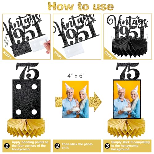 Image of Eucutur 8Pcs 75th Birthday Decorations Honeycomb Centerpieces for Women Men, Black Gold Vintage 1951 75th Bday Photo Table Centerpieces Party Supplies, Glitter Cheers to 75 Year Old Bday Table Topper