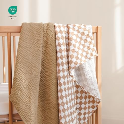 Image of lulumoon Muslin Swaddle Blankets for Baby: Soft Cotton Newborn Receiving Blankets - Plaid Print Nursery Gift Set for Baby Girls(Mocha Plaid)