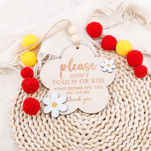 Image of Please Do Not Touch or Kiss Baby Sign, Wooden Don't Touch Baby Sign for Car Seat Stroller Tag No Touching Signage for Newborn (Flower)