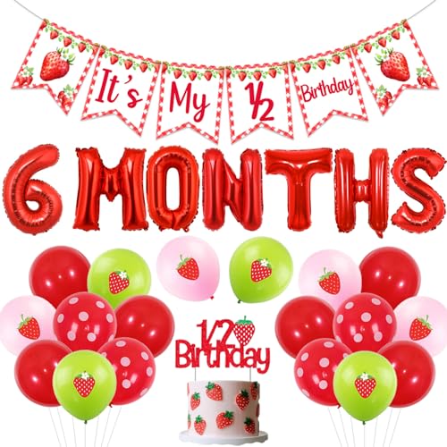 Sursurprise Strawberry Half Birthday Decorations - Its My 6 Months Banner Balloons Cake Topper for Girls 1/2 Birthday Party Supplies
