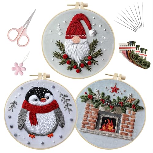 Image of EOBTAIN 3 Pcs Funny Christmas Embroidery Kit for Beginners,Red Gnome and Penguin Embroidery Starter Kit Winter Xmas Fireplace Stamped Patterns with Hoop,Thread,Needles,Hand DIY Craft Kits for Adults