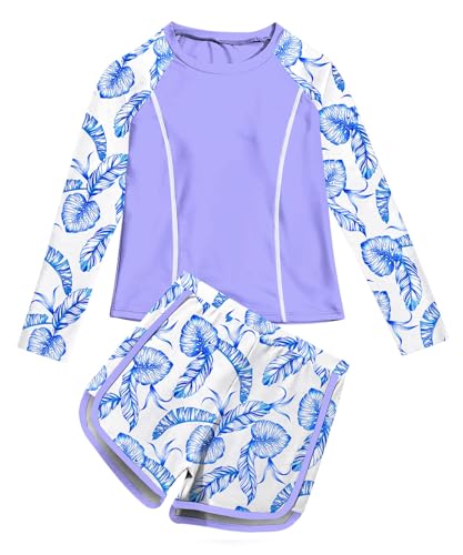 Image of Vogseek Girls Rash Guard Swimsuits 2 Piece Bathing Suit UPF 50+ Summer Swimwear Size 7-12T