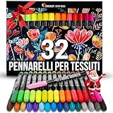 Zenacolor 32 Pennarelli per Tessuti - Colori per Tessuti Atossici, Indelebili e Permanenti a Punta Fine - Ideali per Magliette, Borse in Stoffa e altri Tessuti - Per Bambini e Adulti