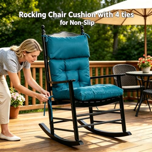 Image of QILLOWAY Outdoor Rocking Chair Cushion 43x21 Inch, 100% Polyester Waterproof Patio Rocking Chair Cushion, High Back Weatherproof Chair Pad for Adirondack & Outdoor Furniture, Peacock Blue