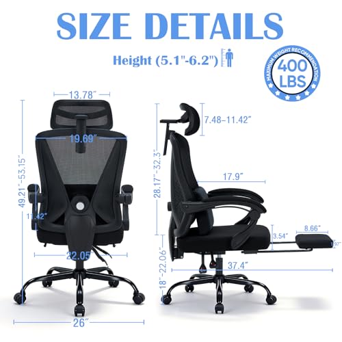 Image of Ergonomic Office Chair with Footrest - Adjustable Lumbar Support & 3D Headrest, 90-160 Reclining Mesh High-Back Rolling Work Swivel Computer Chair-400lbs Capacity