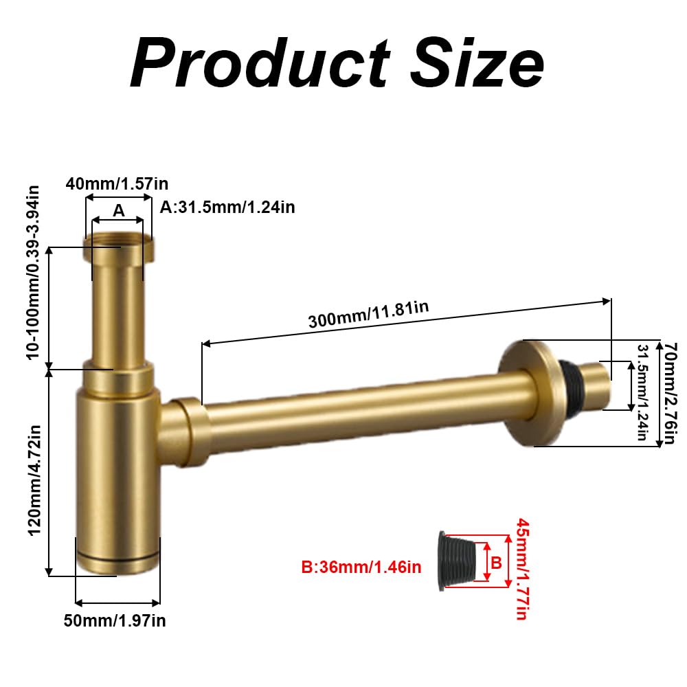 Bottle Trap, Stainless Steel Basin Sink Round Bottle P Trap, Lavatory Waste Trap Drain Kit for Bathroom Sink Basin Vessel Brushed Gold - Image 2