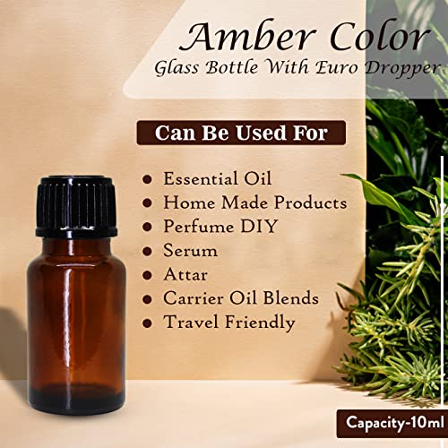 Image of nsb herbals 10 ML Amber Round Empty Glass Bottle + Euro Dropper + Black Cap, Refillable, Leak Proof For Essential Oils, DIY Perfumes (Pack of 24)