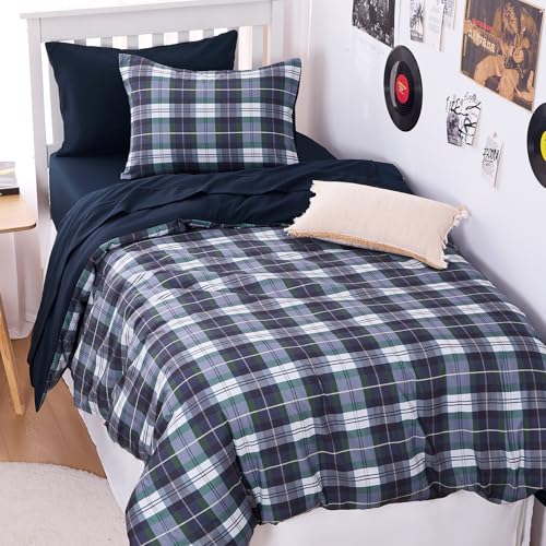 Image of Wake In Cloud - Plaid Comforter Set, Scottish Tartan Check Geometric Modern Pattern Printed, Soft Lightweight Bedding, 3 Pieces, Navy Green, Twin /Twin XL Size