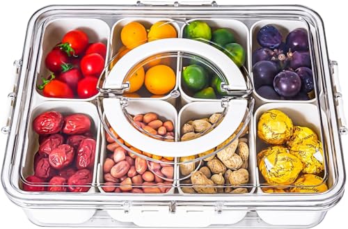 Image of HRXFOZ Divided Serving Tray with Lid and Handle,8 Compartments Snacks Box,Snack Fruit and Veggie Tray,Portable Platter for Candy Fruits Nuts Snack Party Entertaining Picnic (1 PCS)