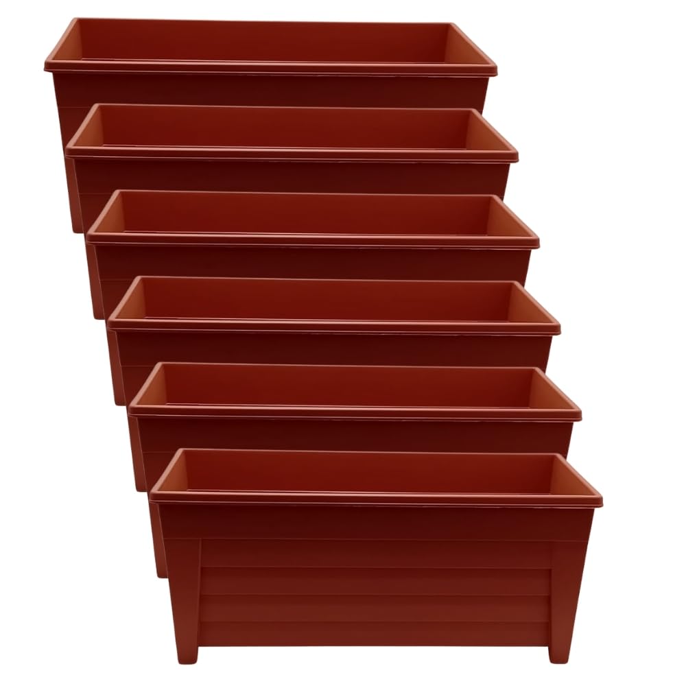 ALEEZ 55cm Long Trough Window Plant Pot - Plastic Planter Pot - Indoor Outdoor Home Garden Flower Pots - Garden Window Herb Flower Box - Optional Drainage Hole (6, Terracotta)