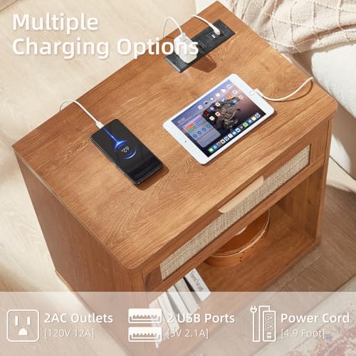 Image of LEYAOYAO Rattan Nightstand with Charging Station, Tea Brown Night Stand with Drawer, 23 inch Wide Boho Bedside Table with Storage Shelf, Bed Side End Tables for Bedroom, Living Room, Hallway