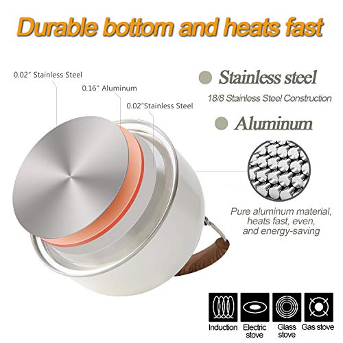 Rockurwok Whistling Tea Kettle, 2.5 Qt / 80 Oz, White Teapot, Universal Base For Induction | Gas | Electric | Halogen | Radiant, Cool Toch Foldable Handle, Vintage #TOP1