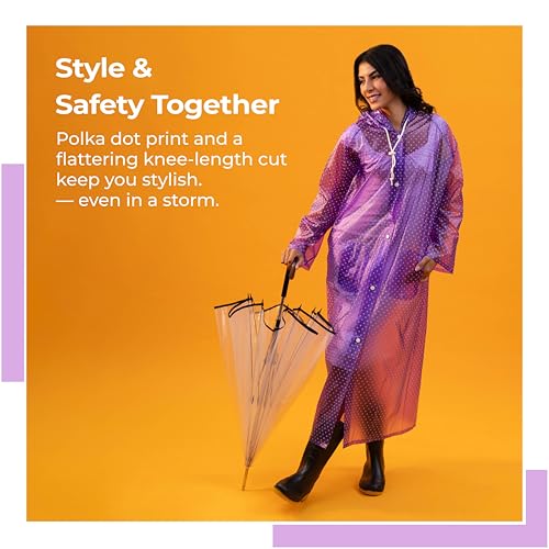 Image of Lifelong Ladies Designer Raincoat | Polka Dot Print | Knee Length | Lightweight PVC Waterproof Raincoat for Women with Drawstring Hood | Portable, Stylish & Travel-Friendly (Size M, Purple)