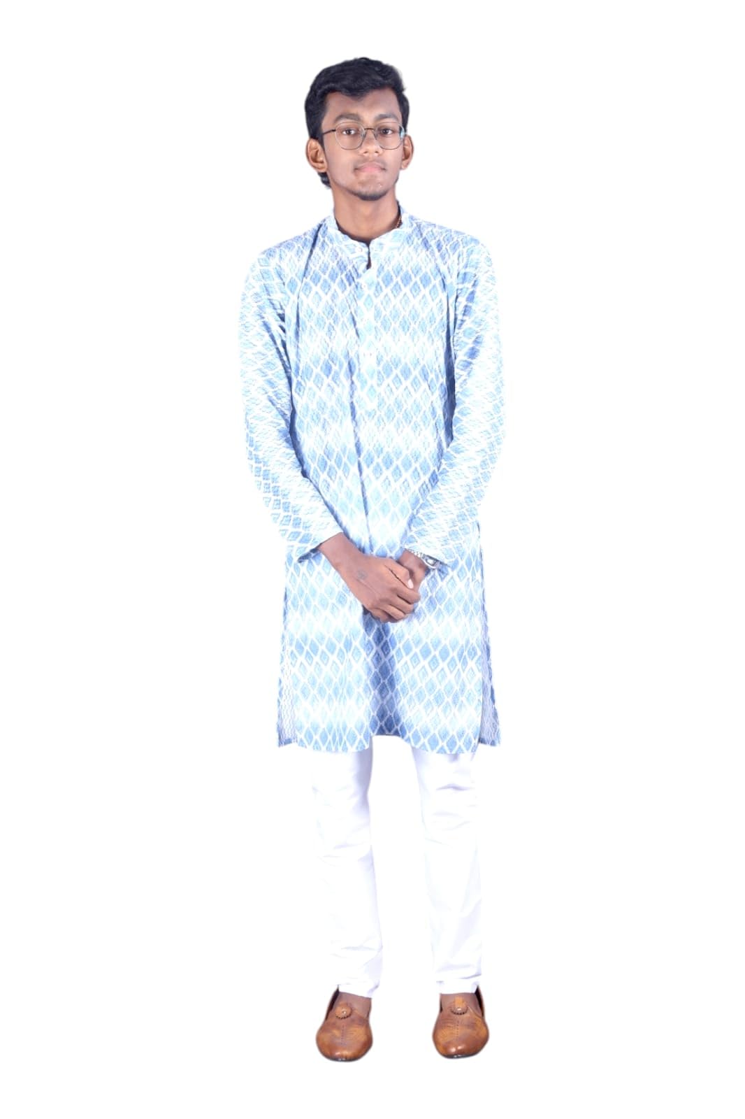 Men's Traditional Indian Style Blue and Green Checkered Shirt and Brown Ski Pants-image-7