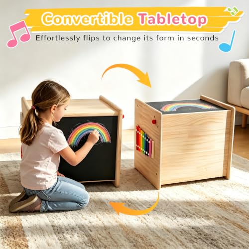 Image of Montessori Weaning Table and Chair Set for Toddlers Age 1-3, Multi-Sensory | Flip Stool to Adjust Height,Blackboard, Animal Matching Maze, Xylophone, Natural Wood,CPC Certification, for Dining, Painting