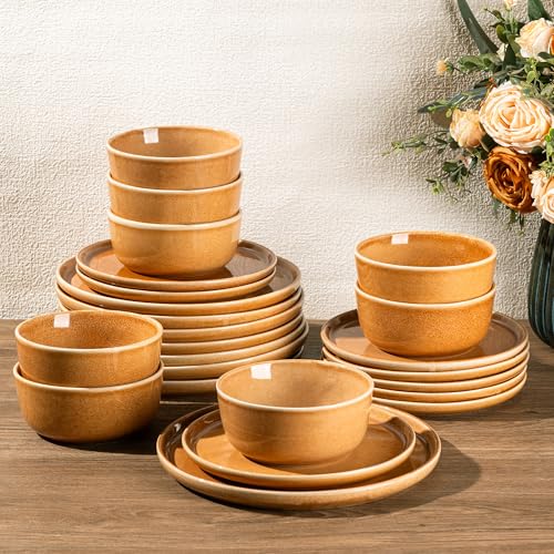 Image of GBHOME Ceramic Dinnerware Sets for 8, 24 Pieces Stoneware Plates and Bowls Sets, Scratch Resistant Dishes, Dishwasher & Microwave Safe, Reactive Glaze-Amber