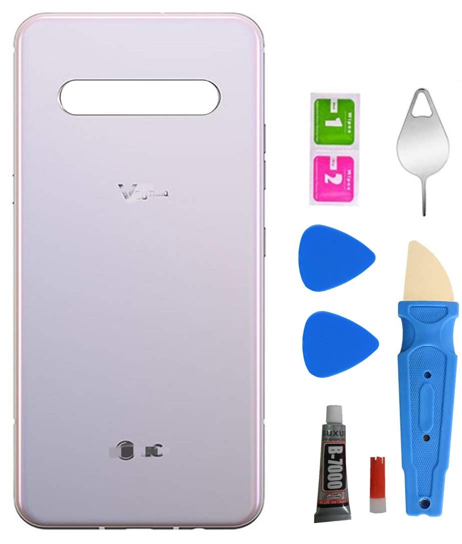 SGarnish COCOPARTS V60 ThinQ Back Glass Replacement with Pre Installed Tape Housing Door Parts for LG V60 ThinQ All Models +Tools (White)