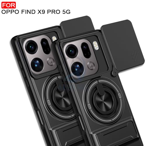 Image of AESTMO Oppo Find X9 Pro 5G Back Cover | Armor Camera Slider 360 Degree Rotating Finger Ring Holder Case with Bracket Stand Back Case Cover (Compatible with MagSafe Accessories) (Black)