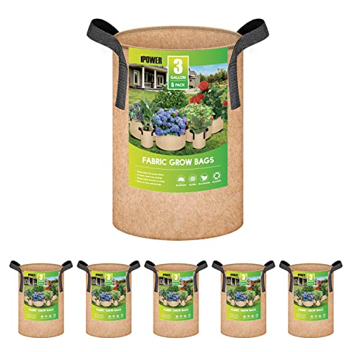 iPower 5-Pack 3 Gallon Plant Grow Bags Thickened Nonwoven Aeration Fabric Pots Heavy Duty Durable Container, Strap Handles for Garden, Tan