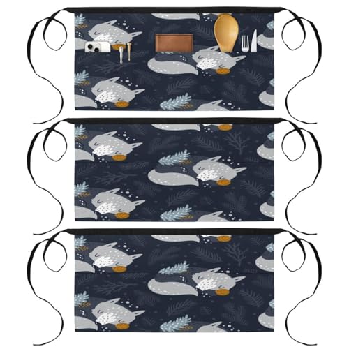 Lot de 3 tabliers courts de chef avec 3 poches pour cuisine et bistrot motif bébé loup