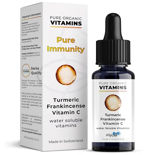 Ingestible Immune System Drops - High Strength Vitamin C with Turmeric Curcumin and Frankincense - 99% Absorption Rate - 40 Day Supply - Swiss Made - Add 5 Drops to Any Drink - Vegan