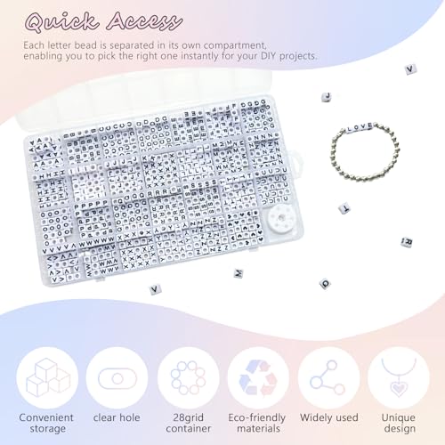 Image of Amaney 810pcs Square Letter Beads 6x6mm Acrylic Alphabet Letter Beads White with Black Letters for Jewelry Making Bracelets Necklaces Key Chains